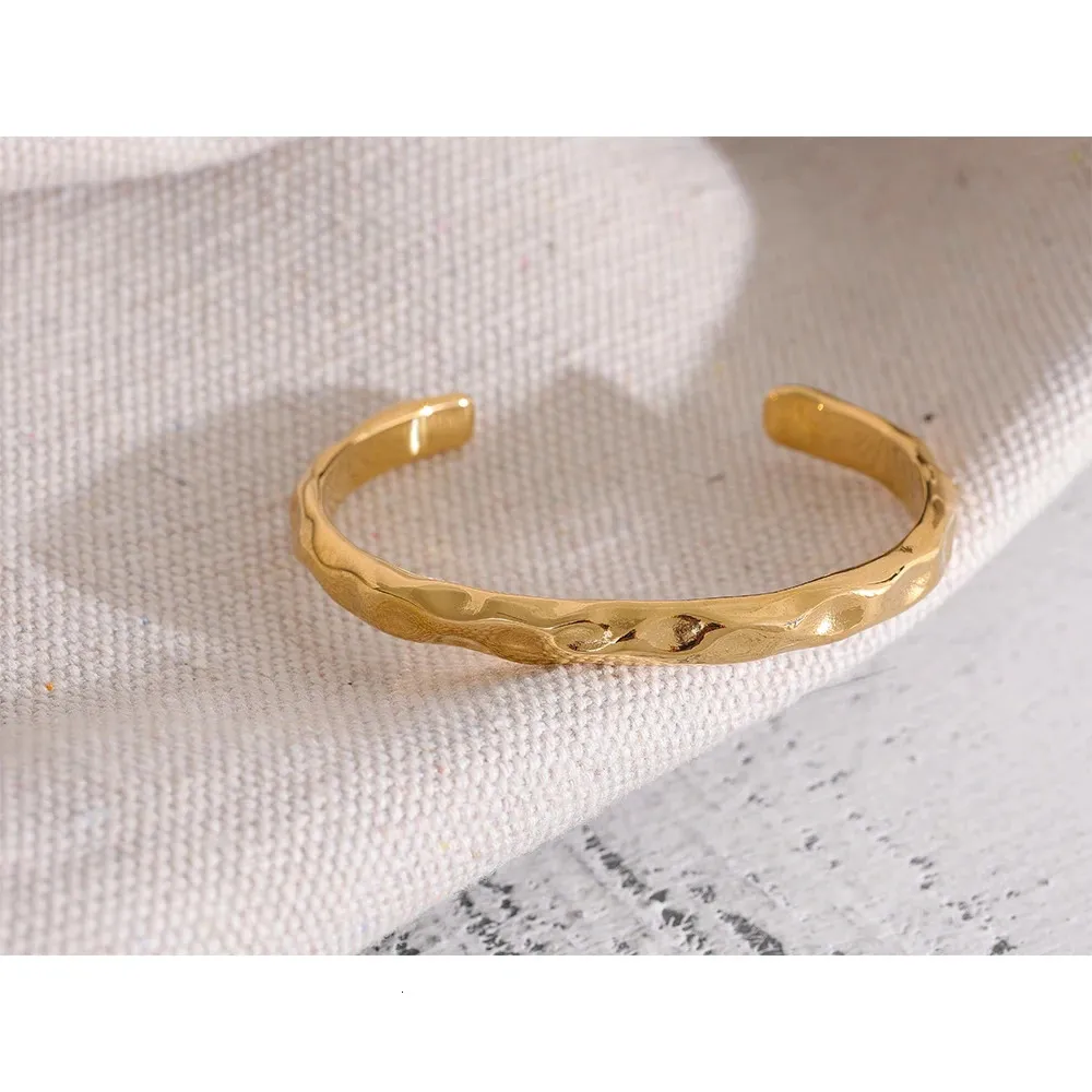 Yhpup Minimalist Gold Color Tarnish Free Fashion Stainless Steel Bangle Bracelet Metal Texture Simple Open Charm Wrist_voghion.com