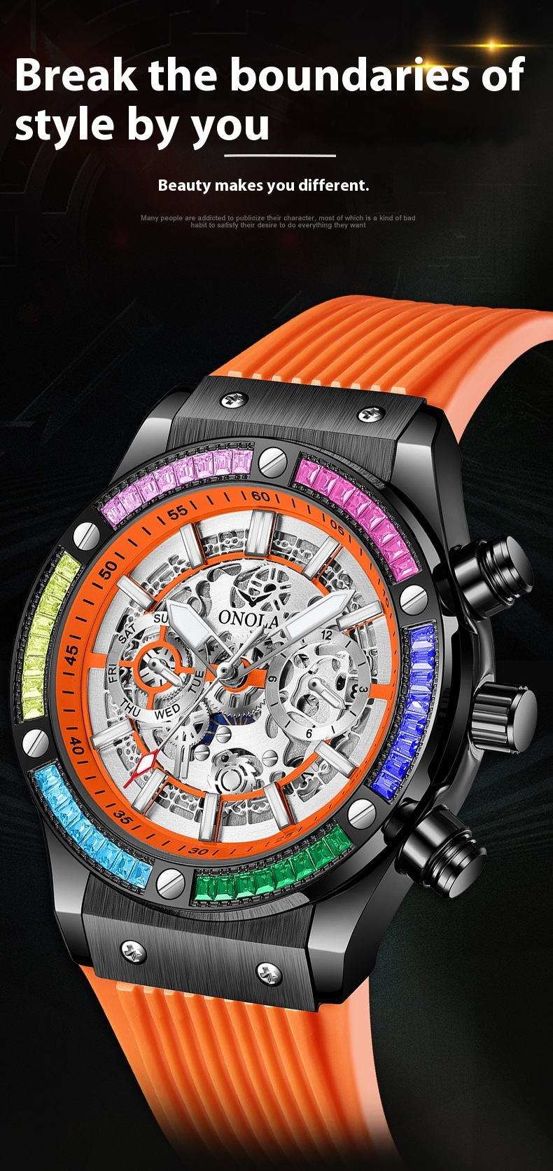 Fashion New ONOLA/Orona Rainbow Diamond Fully Automatic Mechanical Watch Men's Waterproof Tape_voghion.com