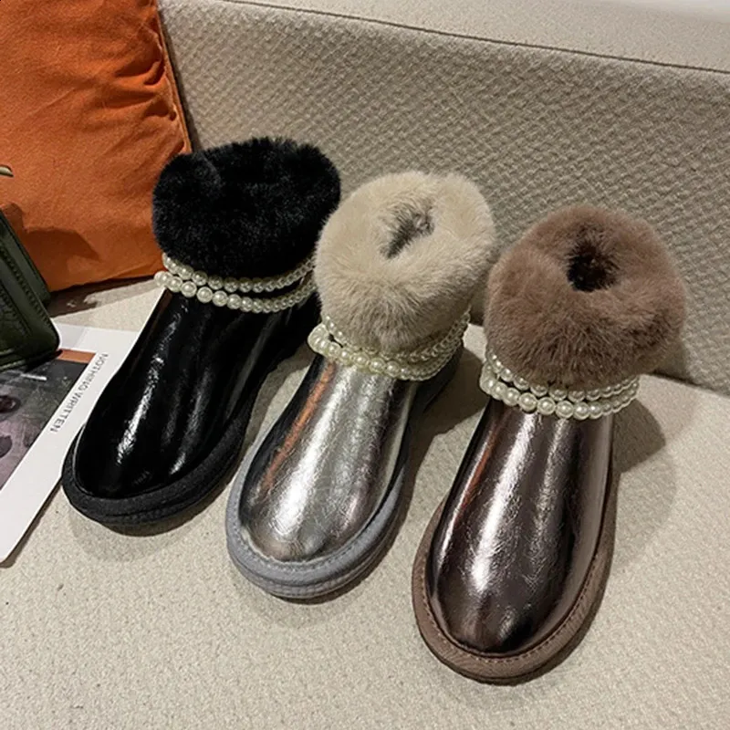 Bead Fur Snow Patent Leather Warm Wrinkle Student botte Womens Sliding Thick Bottom Wool Winter Boots Women 240904_voghion.com
