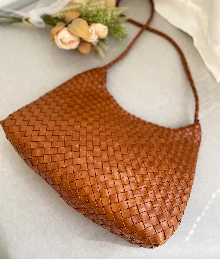 drago intrecciato panino strato superiore pelle bovina donna francese cestino fatto a mano vintage pelle borsa a tracolla tracolla grande capacità_voghion.com