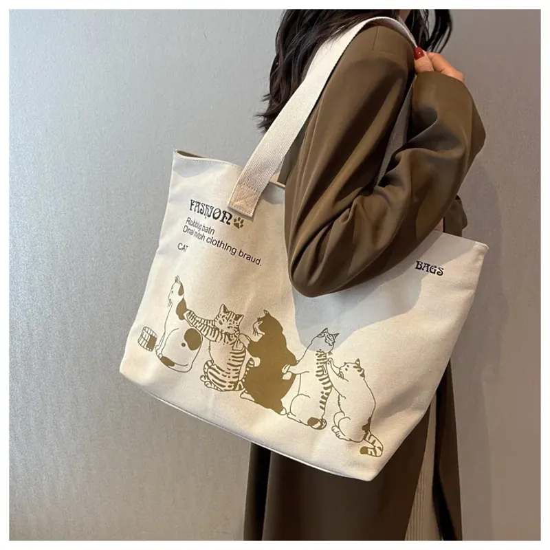 Große Tragetasche für Damen zum Einkaufen, Aufbewahren, Pendeln, Canvas-Handtasche, Cartoon-Katzen-Aufdruck, tragbare_voghion.com