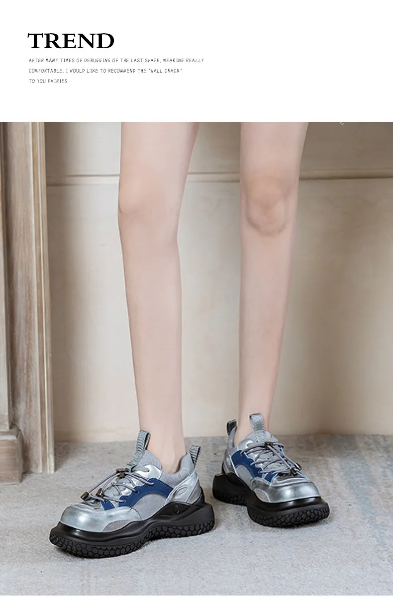 Suela gruesa de cuero genuino tipo bizcocho con superficie de malla reforzada para mayor comodidad y transpirabilidad. Zapatillas deportivas de moda._voghion.com