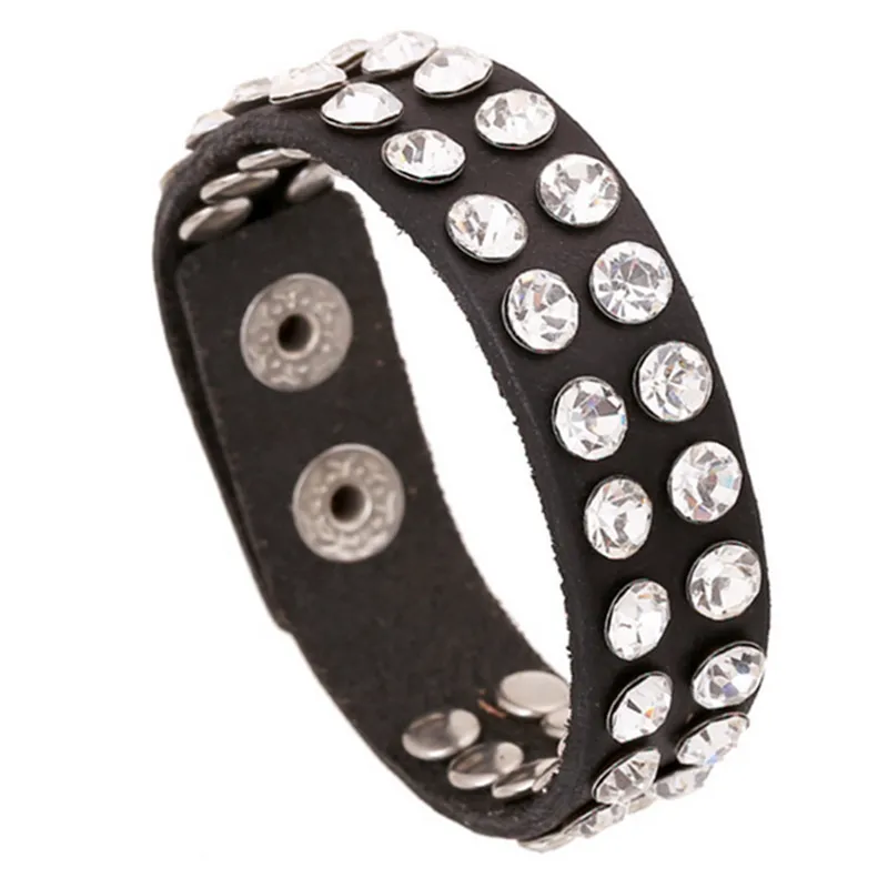 Nuovo Moda Vintage Trasparente Strass Rivetti Nero Braccialetto Punk Pelle Polsino Chiusura a Scatto Gioielli Accessori All'ingrosso_voghion.com