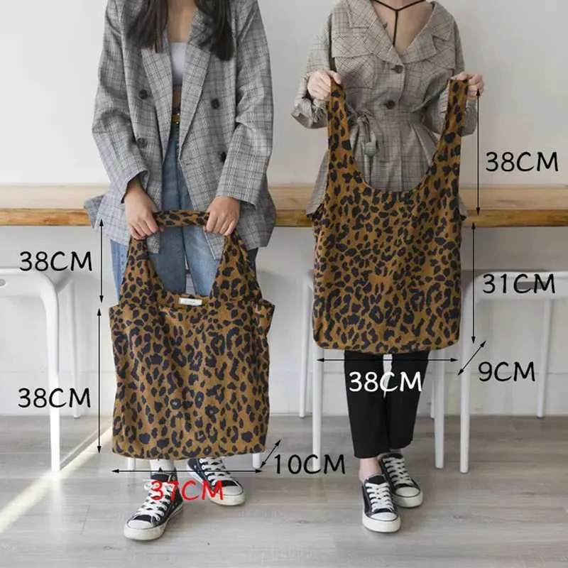Classic Leopard Printing Top Handle Corduroy Shopping Large Capacity Book Handbag Womens Casual Shoulder Bag Y241011_voghion.com