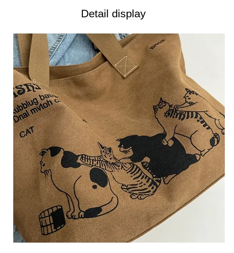 Große Tragetasche für Damen zum Einkaufen, Aufbewahren, Pendeln, Canvas-Handtasche, Cartoon-Katzen-Aufdruck, tragbare_voghion.com