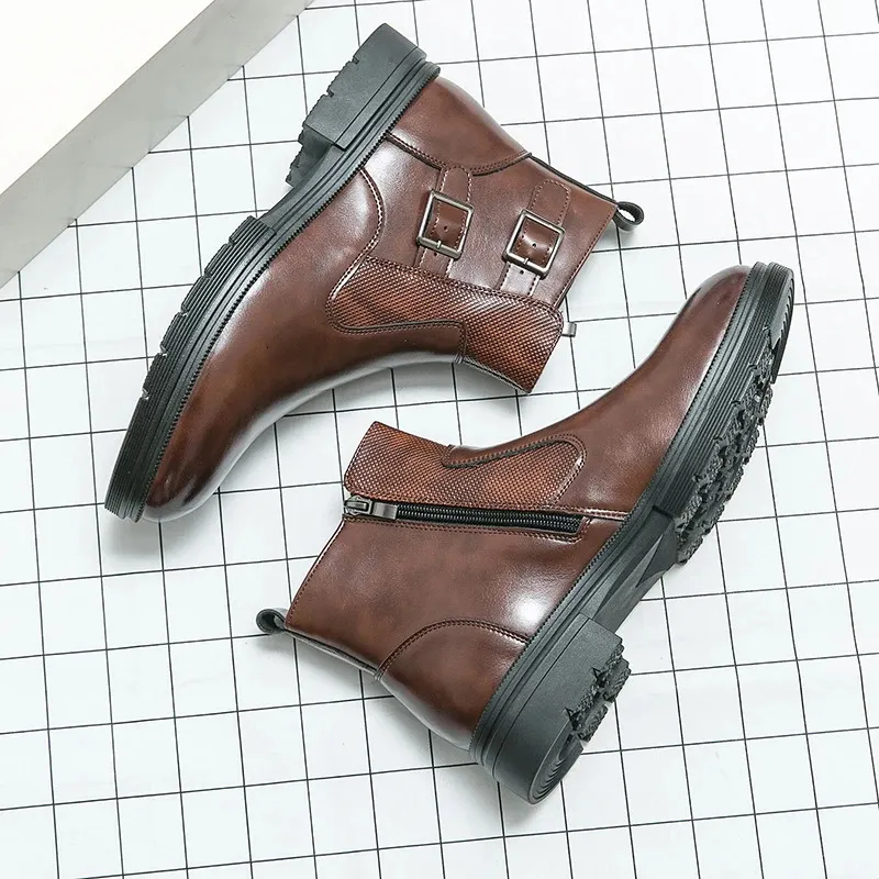Classic Leather Business Ankle Boots For Men With Double Buckle_voghion.com