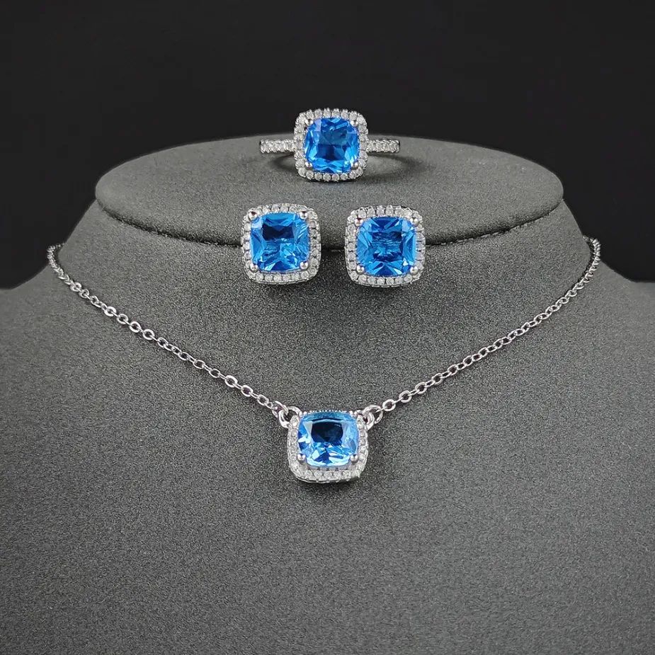 Collana con anello e orecchino in cristallo blu a tre pezzi di design, stile alla moda, anelli con zirconi lucidi, design classico, gioielli da boutique_voghion.com