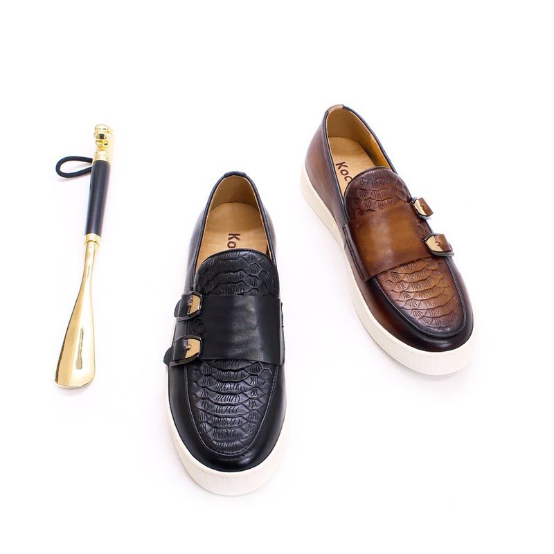 Men's double buckle casual genuine leather loafers men's comfortable flat shoes daily versatile slip on_voghion.com
