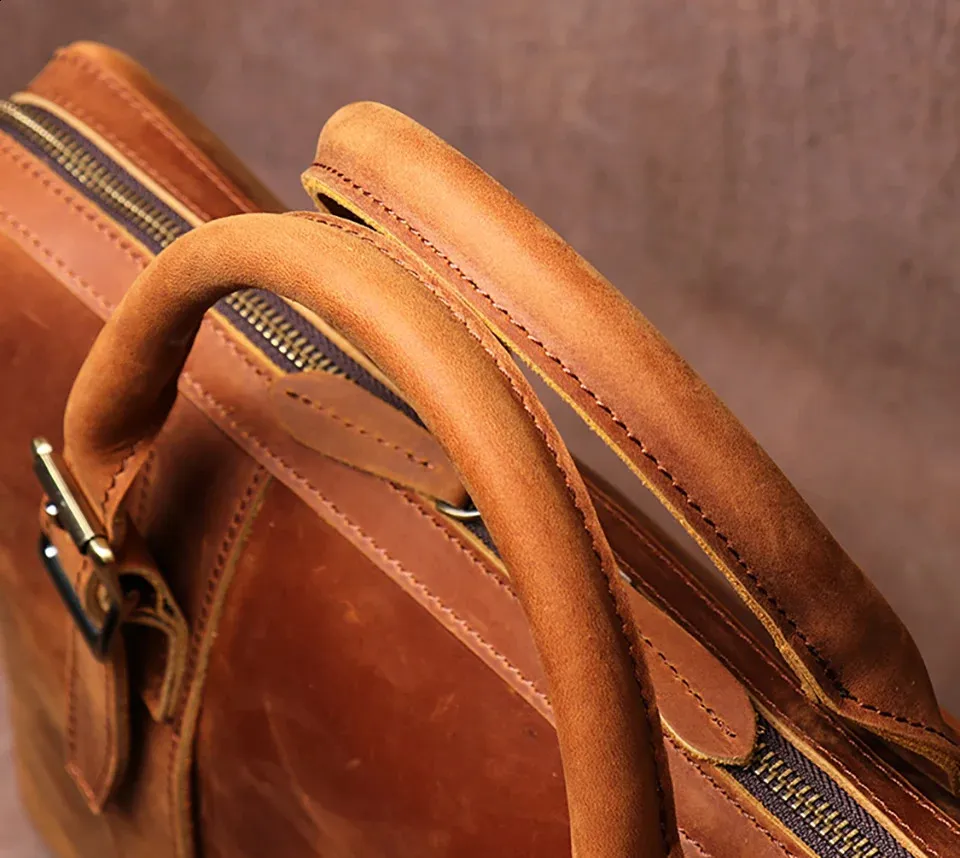 Vintage Man Handbag Briefcase Men Shoulder Genuine Leather Bags Brown Business Fashion 14 Inch Laptop_voghion.com