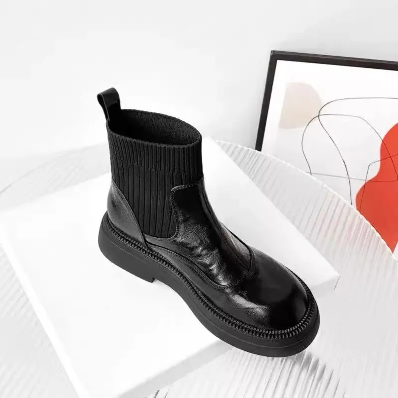 Stickade ankelboots i läder för kvinnor eleganta vinterkängor_voghion.com