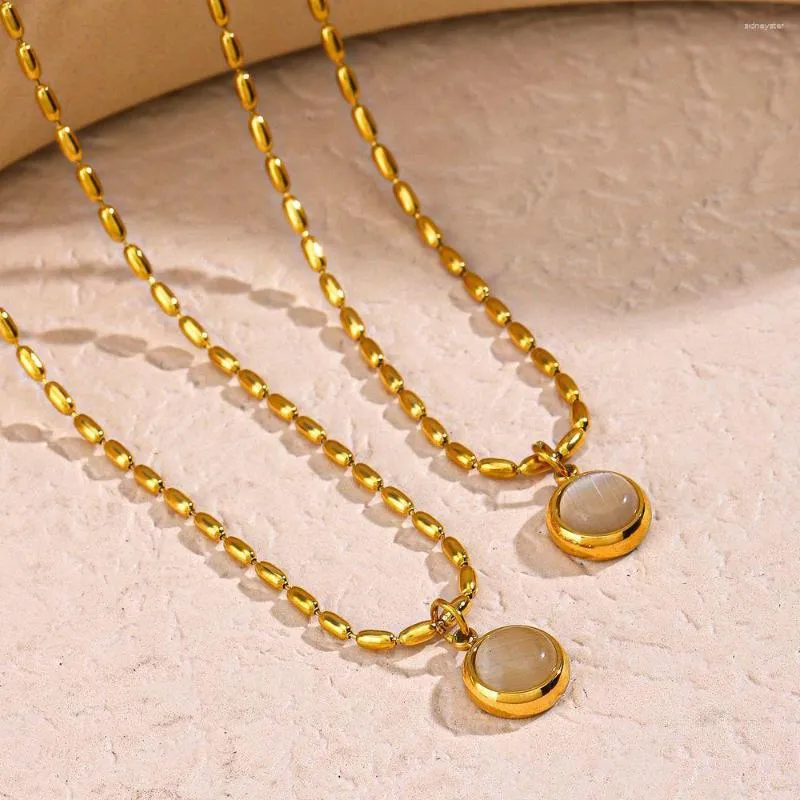 Halsketten mit Anhänger, kleine runde Jade-Halskette für Frauen und Mädchen, trendig, schlicht, goldfarben, Edelstahl, Halskette, Schmuck_voghion.com