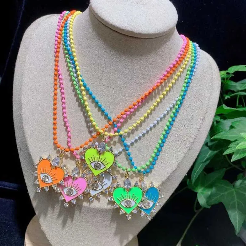 Anhänger Halsketten Farbe Emaille Kugel Perlenketten Halskette CZ Pave Auge Herz Charm Link Frauen Mädchen Schmuck GeschenkeAnhänger_voghion.com