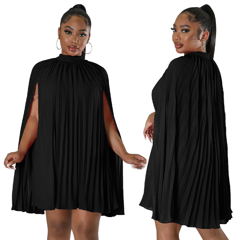 Women's Solid Colour Loose Bat Sleeve Pleated Chiffon Dress_voghion.com
