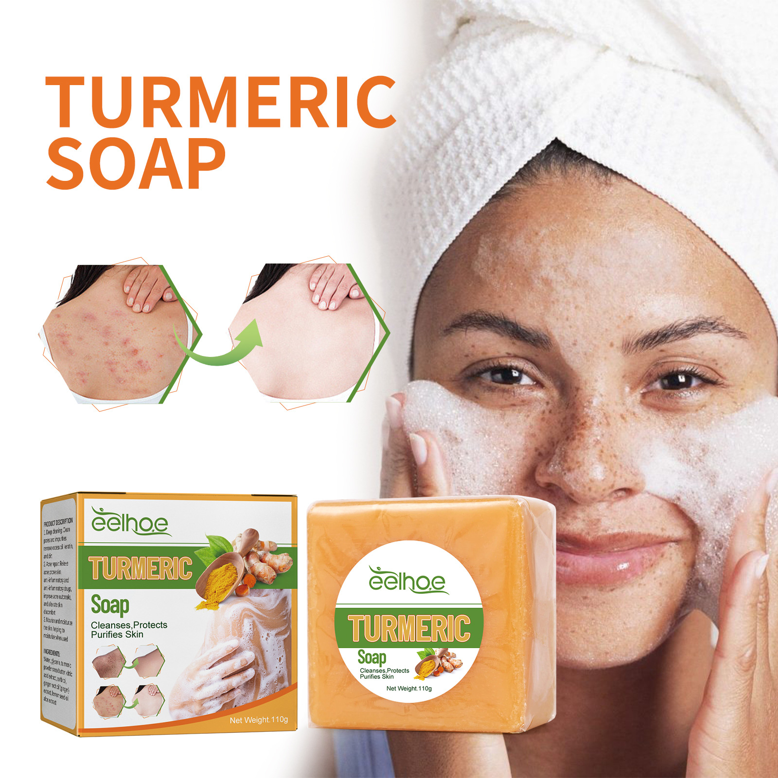 EELHOE Turmeric Spot Refreshes Softens Skin, Fades Black Spots Acne Marks, Smoothens Skin and Body Cleaning Soap_voghion.com