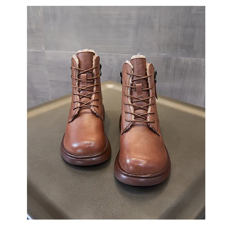 Genuine Leather Round Toe Motorcycle Plush Insulation and Thick Soled Short Boots with British Style Versatility_voghion.com