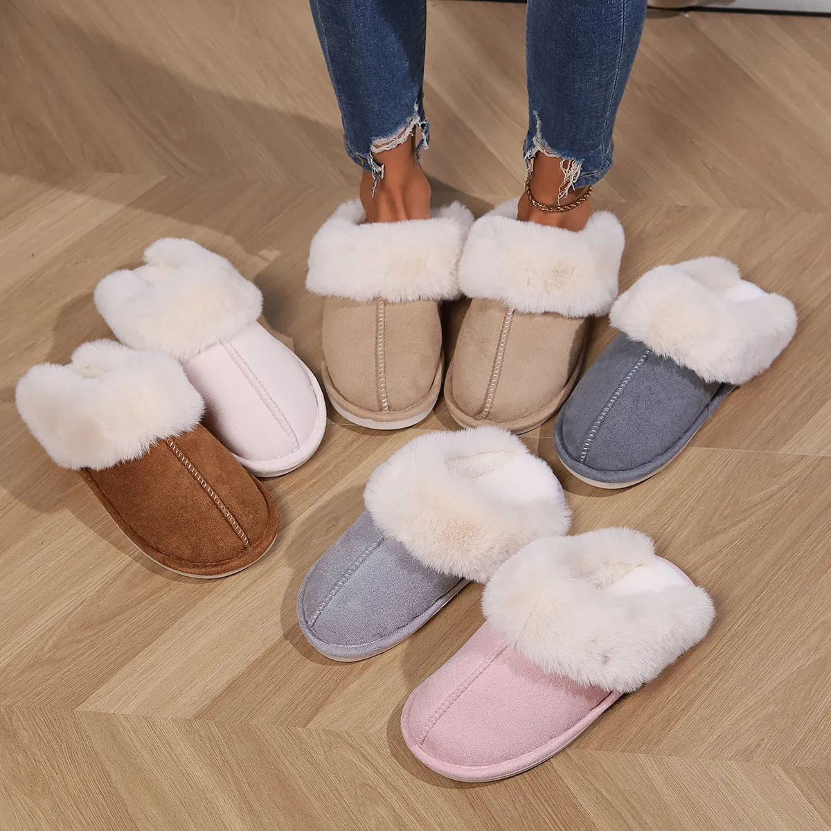 Pantoufles d'hiver, chaussures de créateur, bottines à plateforme, mules ultra-mini en laine châtaigne pour femmes, mules en cuir et fourrure duveteuse pour femmes_voghion.com