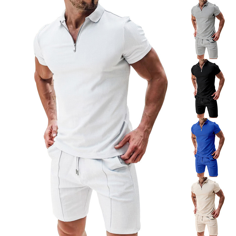 Herren Polo Shirt Set Kurzarm Sommer Freizeit Outfit Waffeloptik_voghion.com