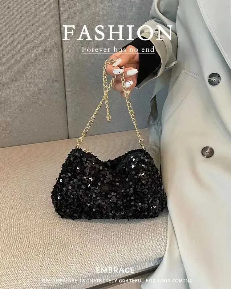 Sac à bandoulière à chaîne simple INS couleur unie paillettes sac à bandoulière portefeuille mobile sac à main de nuit Y241019_voghion.com