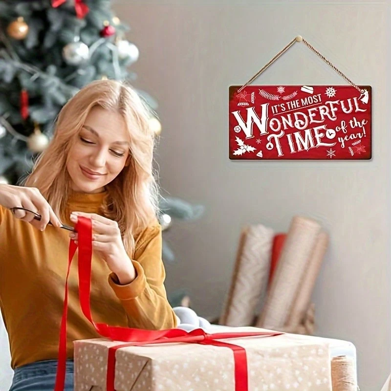 Świąteczny, czerwony, drewniany, wiszący znak dekoracyjny – zimowy wzór, odpowiedni do świątecznego wystroju domu, dekoracji domu, dekoracji świątecznych, wystroju pokoju_voghion.com