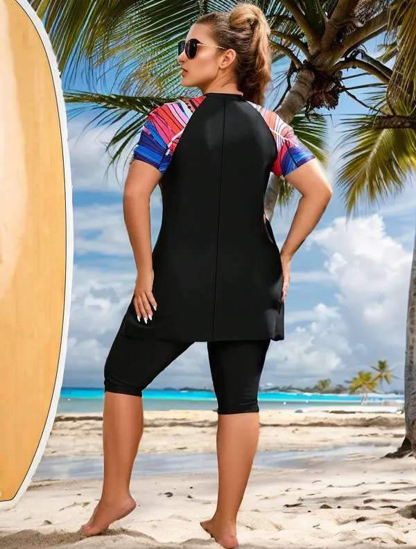 Maillot de bain fendu style jupe, grande taille, short à manches courtes, maillot de bain conservateur, maillot de bain respirant avec protection solaire_voghion.com