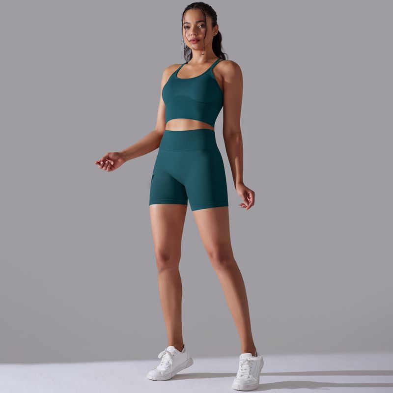 Completo da due pezzi per donna, in maglia senza cuciture, tinta unita, elastico alto, aderente, per yoga e corsa Fiess_voghion.com