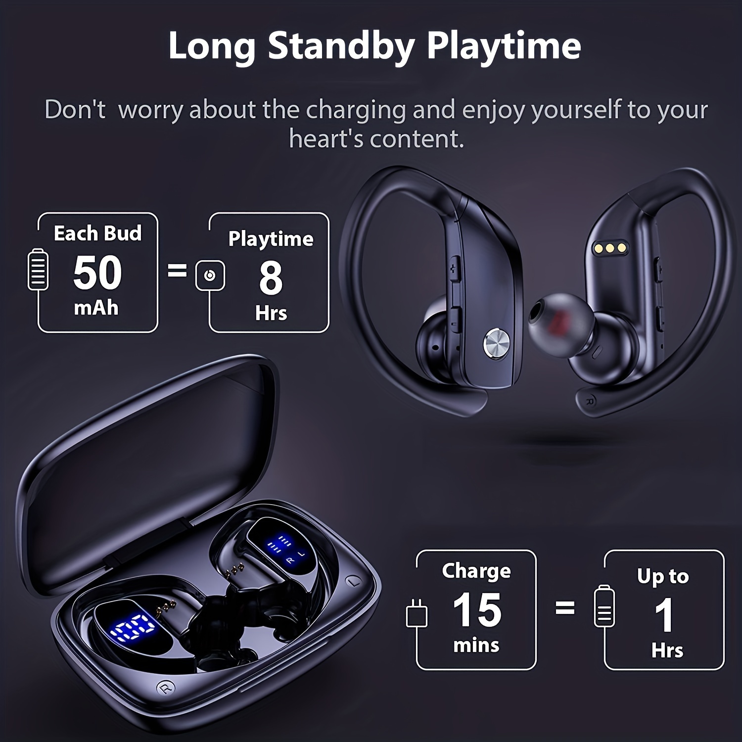 Écouteurs sans fil, écouteurs stéréo Surround, écouteurs de sport longue durée de lecture avec écran LED, écouteurs supra-auriculaires avec crochets d'oreille, micro intégré, bruit_voghion.com