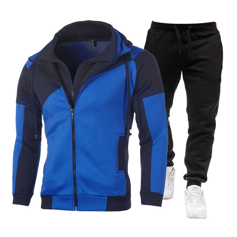 Men's Clothing new autumn and winter sports splicing jacket casual long-sleeved trousers hooded sports men's suit manufacturer