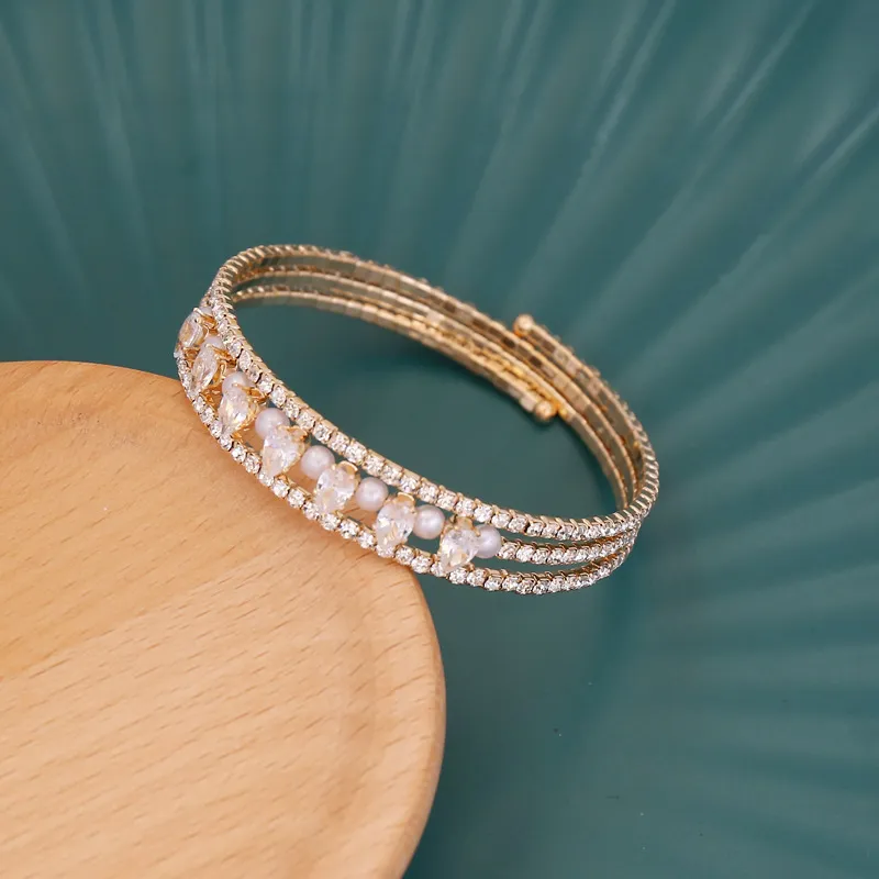 Rhinestone Pearl Bangle Bracelet Adjustable Open Cuff For Women_voghion.com