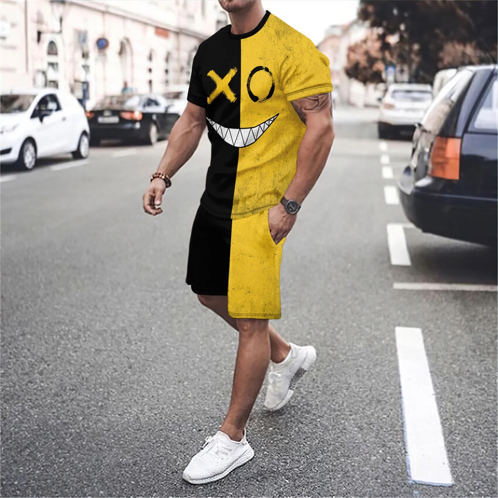 men's round neck short sleeved T-shirt and shorts set 3D smiling face letter patchwork fashionable casual basketball_voghion.com