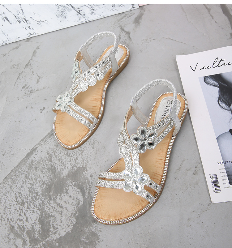 Large Size Hollow Sandals Women's Summer Comfortable Flat Rhinestone Sandals_voghion.com