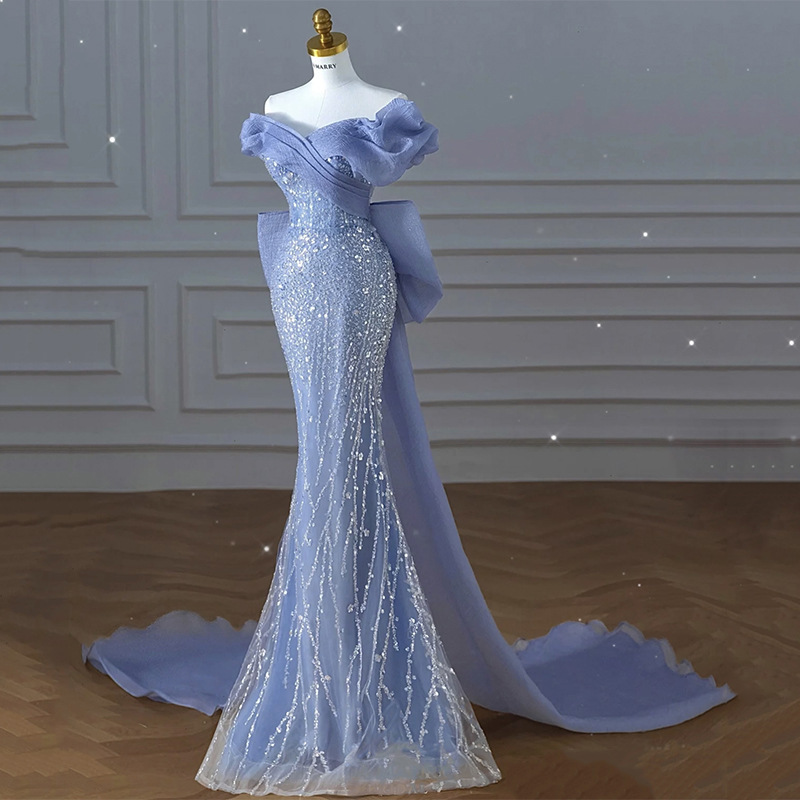 Robe sirène perlée bleu Smog pour hôte de l'industrie lourde, robe de Toast, robe de spectacle à épaules dénudées pour réunion annuelle, nouvelle collection 2024