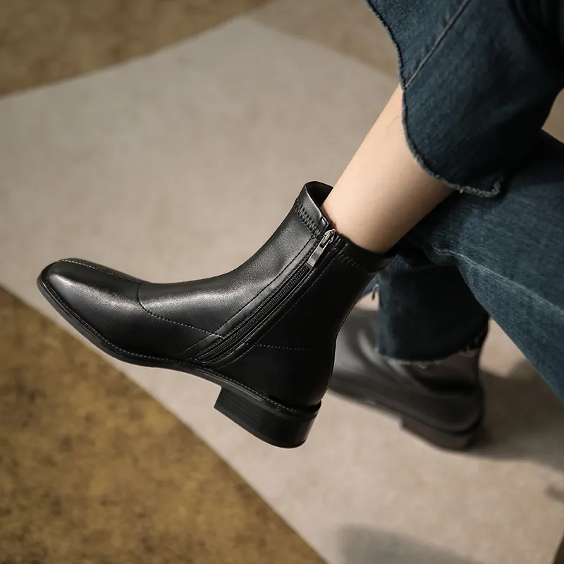 JOZHAMTA Size 34-42 Stretch Soft Leather Thick Heels Shoes For Women Winter 2023 Zipper Retro Ankle Boots Elastic_voghion.com