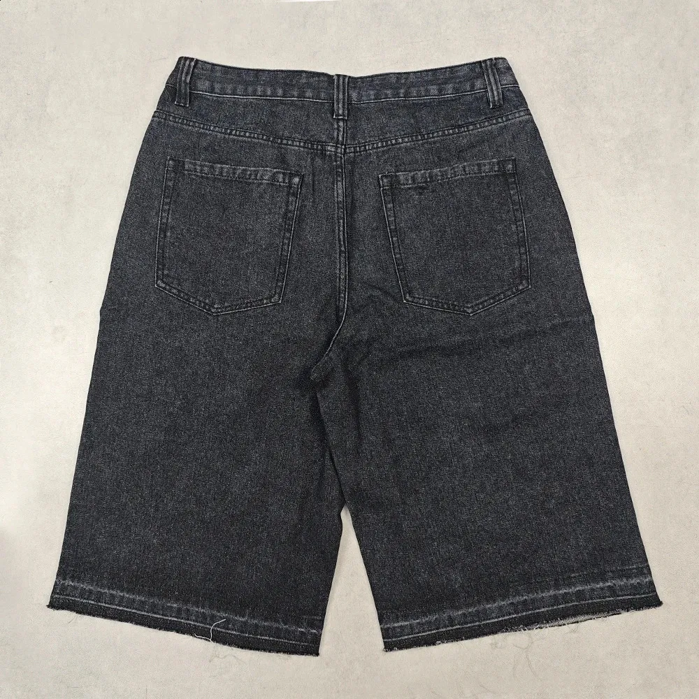 PEERAGE Y2k Retro Rhie Washed Wide Leg Baggy Long Jorts Vyriški Gatvės stiliaus Oversized Frayed Black Grey Loose Denim Jeans_voghion.com