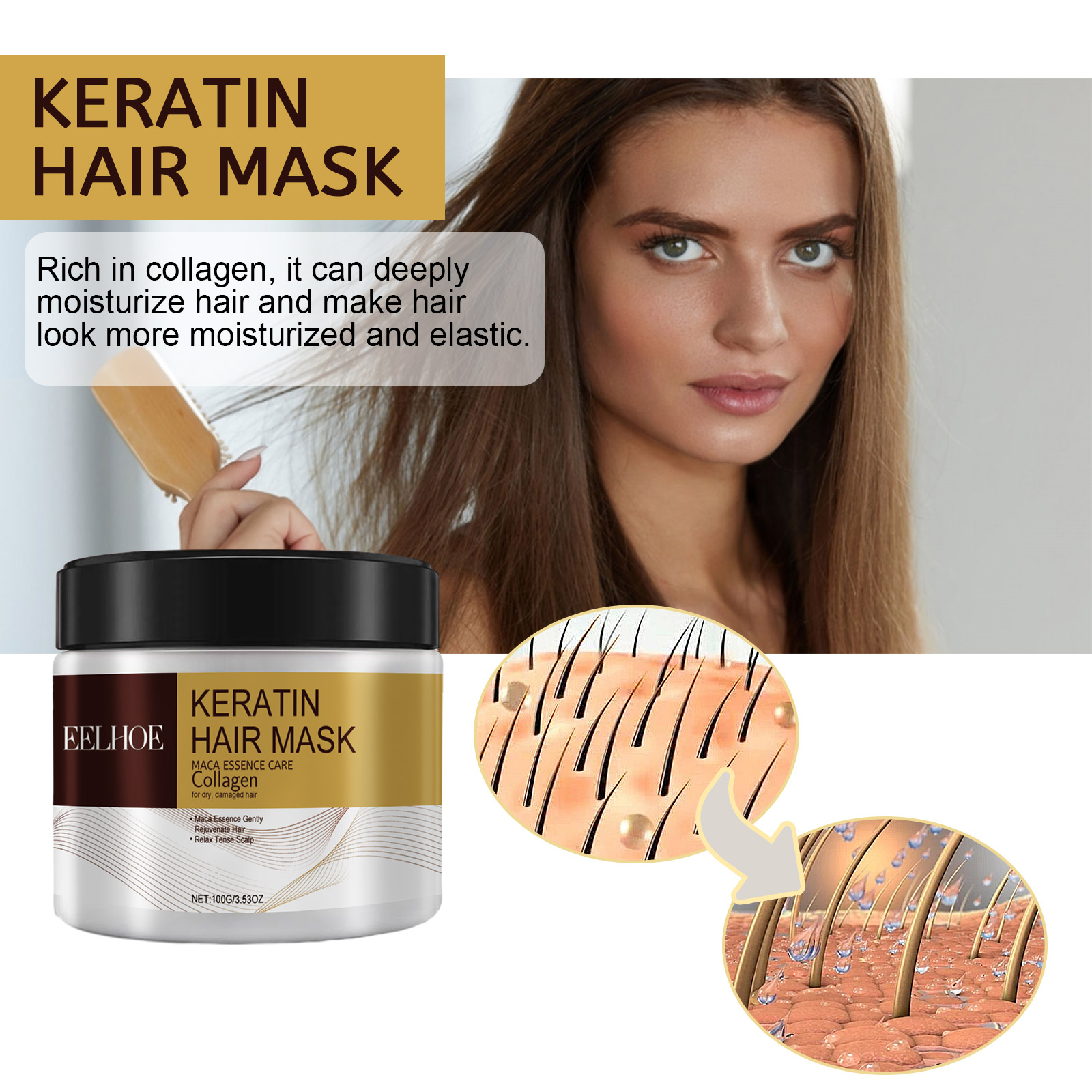 EELHOE Repair Moisturizing Hair Mask, tiefenwirksame Feuchtigkeitsmaske zur Reparatur von geschädigtem Haar, trockenem, gespaltenem Haar und verknoteten Haaren_voghion.com