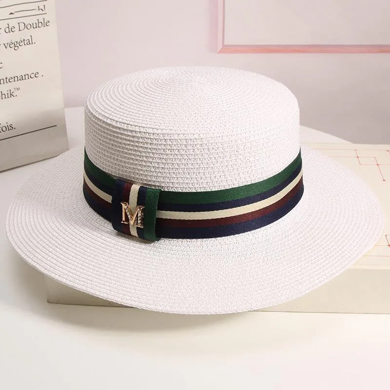 Chapeau de soleil en paille pour femme avec lettre m - Chapeau de soleil plat - Style britannique vintage - Pour la plage, les voyages, les vacances_voghion.com