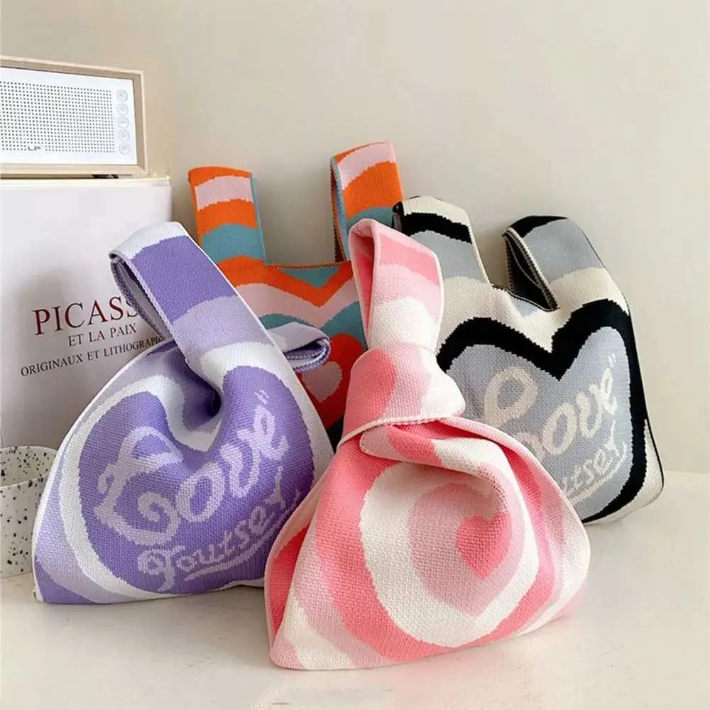 Leisure mini knot wrist handmade knitted colorful plain weave handbag student reusable shopping bag Y241106_voghion.com