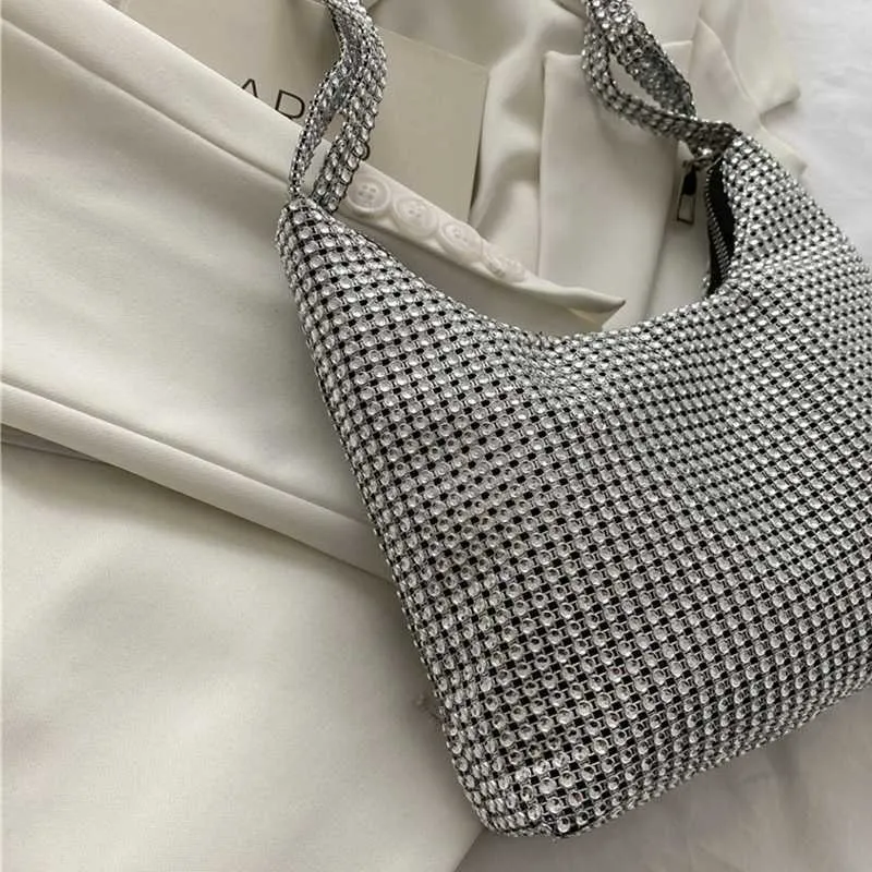 Bolsa de ombro de casamento requintada de prata brilhante Rhie Underarm Evening Wedding Bolsa de mão para jantar C241211_voghion.com