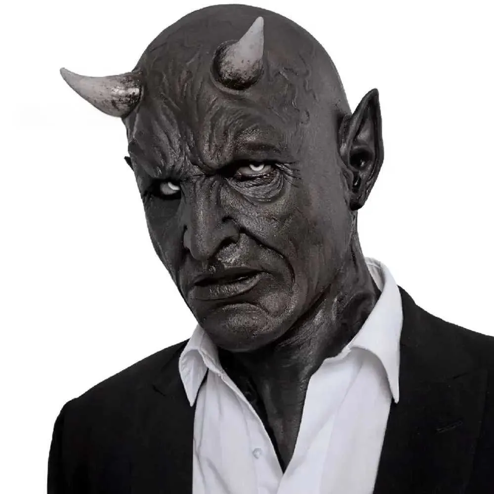 Costume de jeu de rôle noir pour adulte, masque en latex neutre Lucifer, équipement de tête de monstre, accessoires de diable, fête d'Halloween_voghion.com