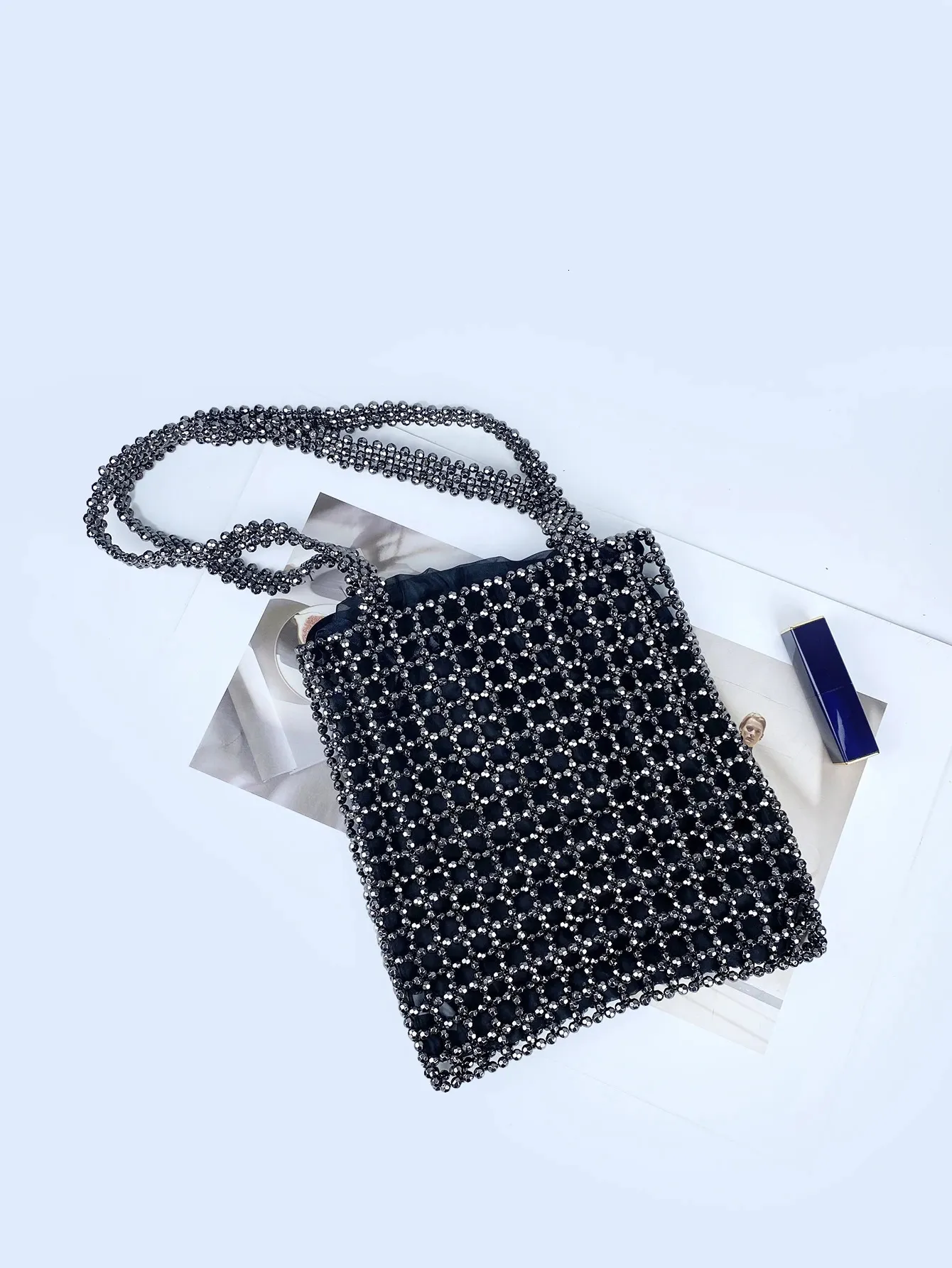 Beaded Shoulder Bag With Grey Openwork Design For Women_voghion.com
