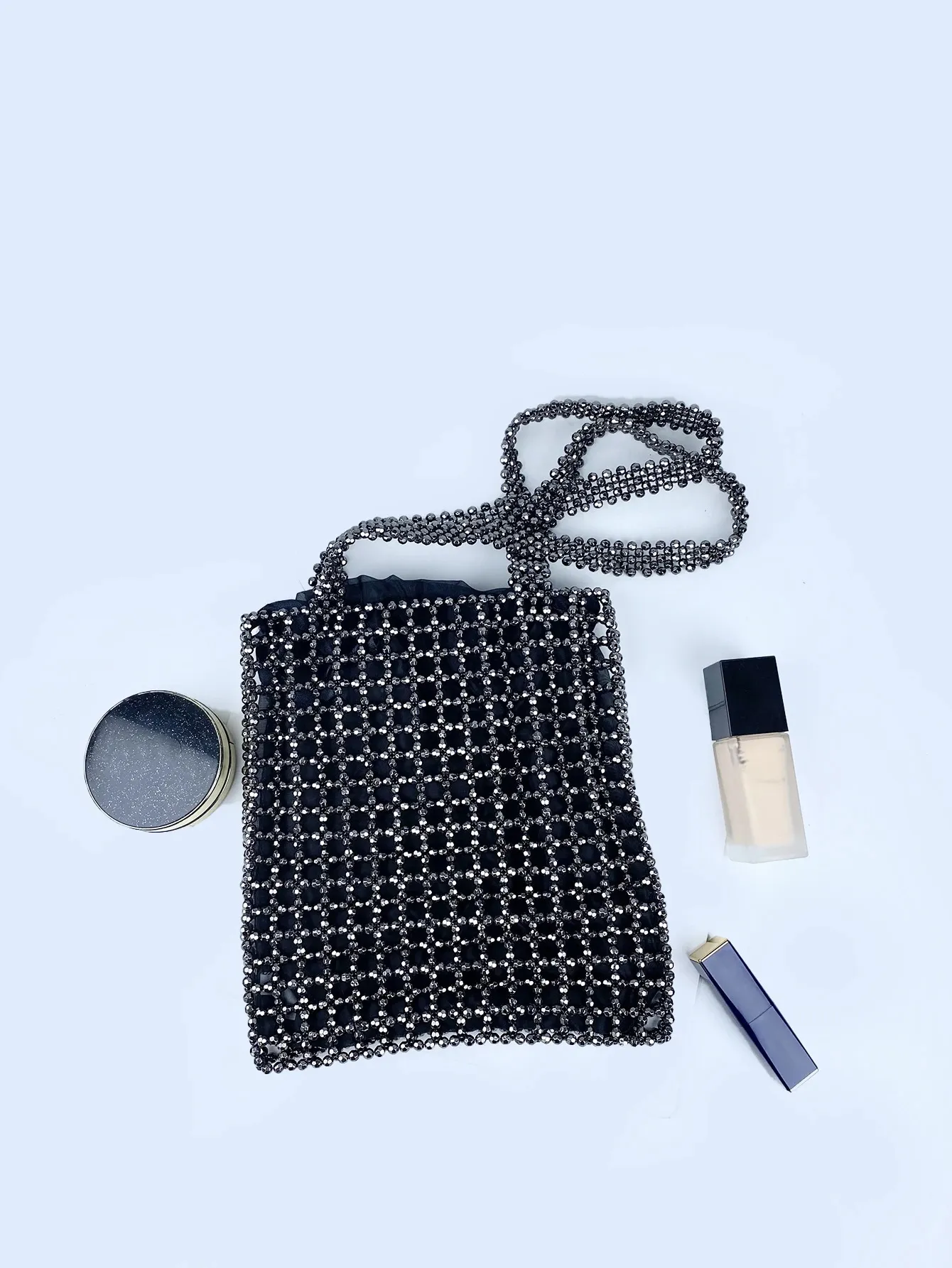 Beaded Shoulder Bag With Grey Openwork Design For Women_voghion.com