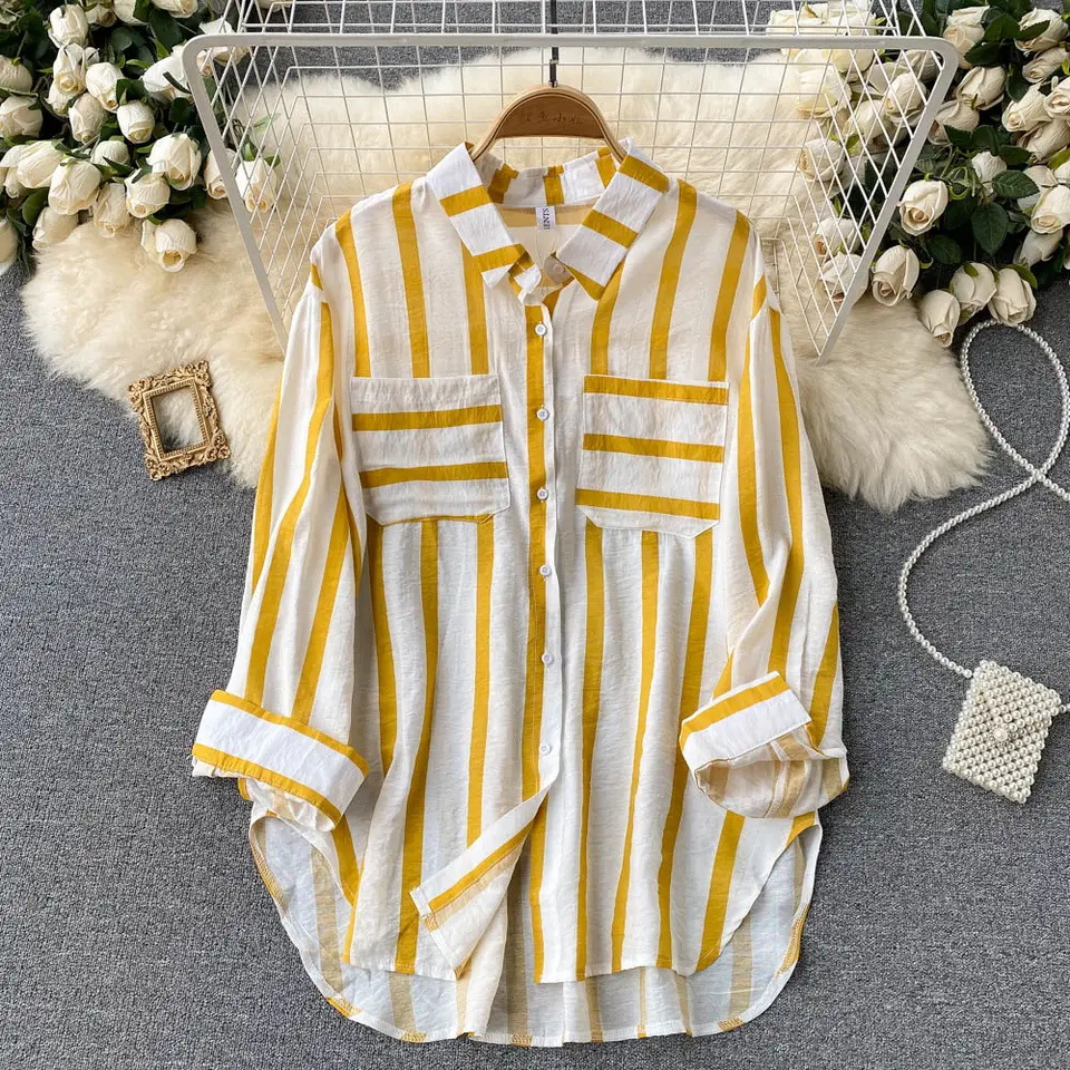 Women's Korean Style Casual Loose Top Summer Spring Autumn New Mid-Length Vertical Stripe Multicolor Shirt Jacket _voghion.com