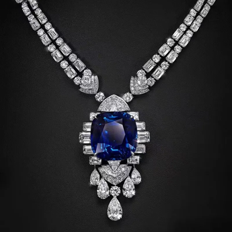 Collier en argent sterling avec pendentif en forme de diamant et saphir de laboratoire vintage pour femme, bijou de fiançailles, de mariage_voghion.com