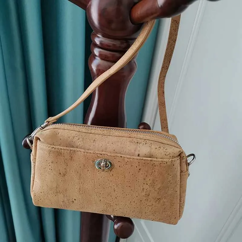 Großhandel Einfarbige Naturkorkentasche Einzelgurt Kleine Größe Reißverschluss Holz Umhängetaschen Frauen Vegan Stilvoll_voghion.com