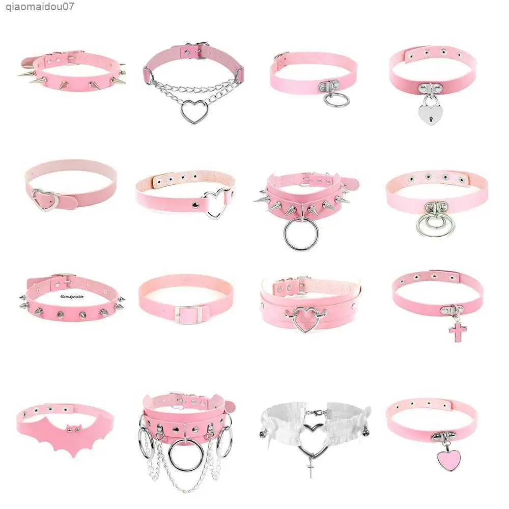 Anhänger Rosa Sexy Trendy Rock Kragen Halsketten Schmuck Gothic Leder Herz Nieten Haruku Punk Choker Halskette für Frauen_voghion.com