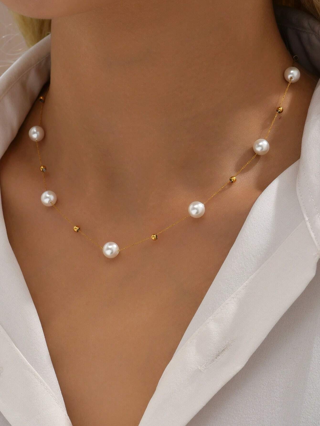 Collana con perline in acciaio inossidabile placcato oro 18k, 1 pezzo, adatta per l'uso quotidiano e come regalo di Natale per gli amici_voghion.com