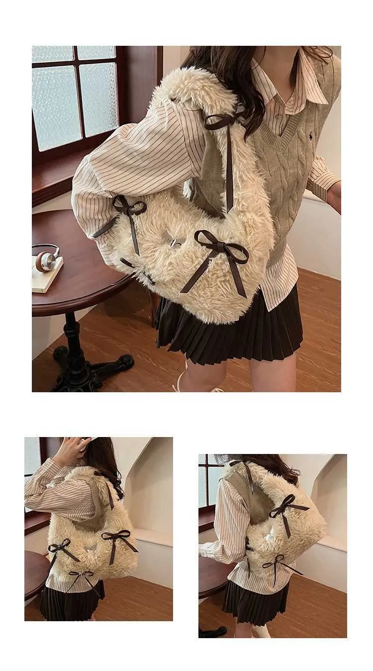 Sac à main en peluche douce pour femme, solide, moelleux, nœuds, appliques, épaule, femme, automne, hiver, mignon, sous les aisselles, paquets, poignée, dame_voghion.com