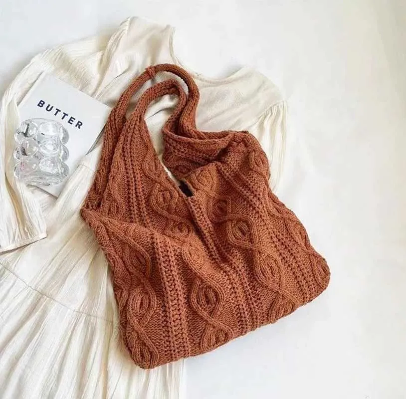 Vintage Strick Schultertasche Für Damen, Große Handtasche Casual_voghion.com