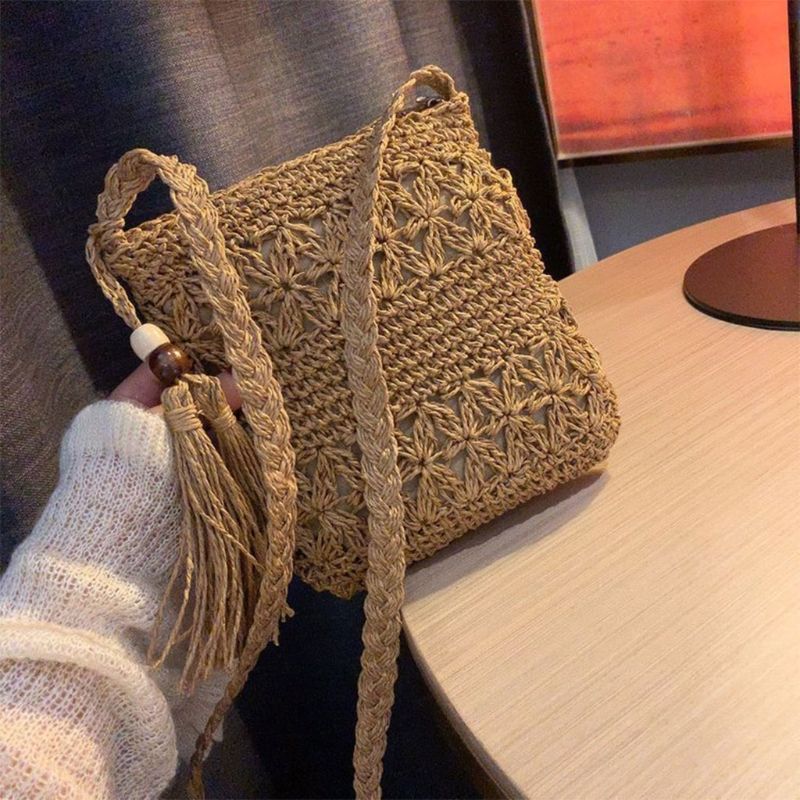 Women Beach Woven Straw Shoulder Messenger Bag with Tassel Boho Hollow Out Crochet Crossbody Handbag rame Purse_voghion.com