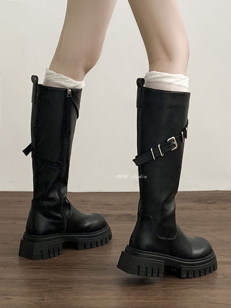 Freizeit Britische schwarze knielange Schlankheitsstiefel mit dicken Sohlen lang für Damen 2024 Neue Herbst- und Winterstiefel mit dickem Schaft_voghion.com