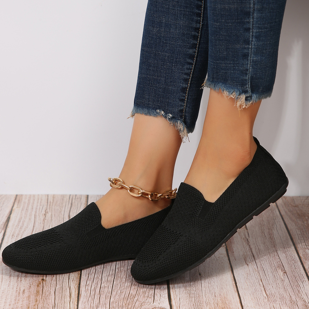 Damenmode flacher Mund fliegende Strick-Low-Top-Einzelschuhe Damen neue gestrickte runde Kopf Set Füße faule Müßiggänger_voghion.com